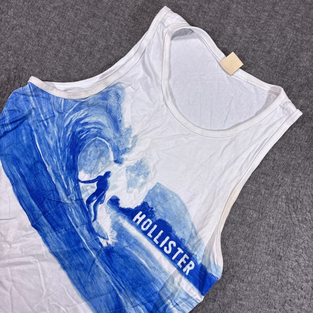 Hollister Tank Top Mens XL White Blue Surfer‎ Graphic Wave Beach AOP Travel Y2K